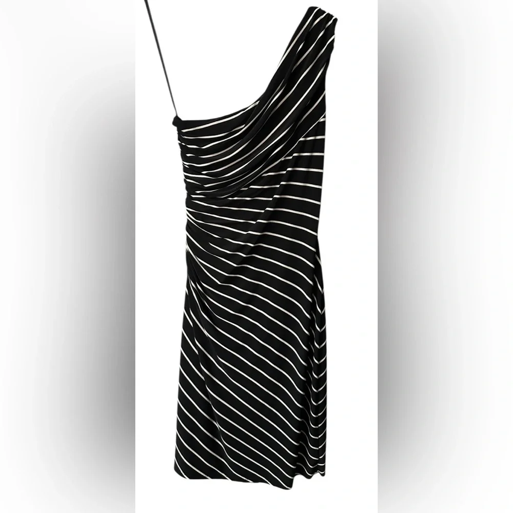 Ralph Lauren One Shoulder Cream Black Striped Ruched Stretch Dress Cocktail Sz 6